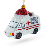 Festive Ambulance in a Santa Hat Glass Christmas Ornament in White color