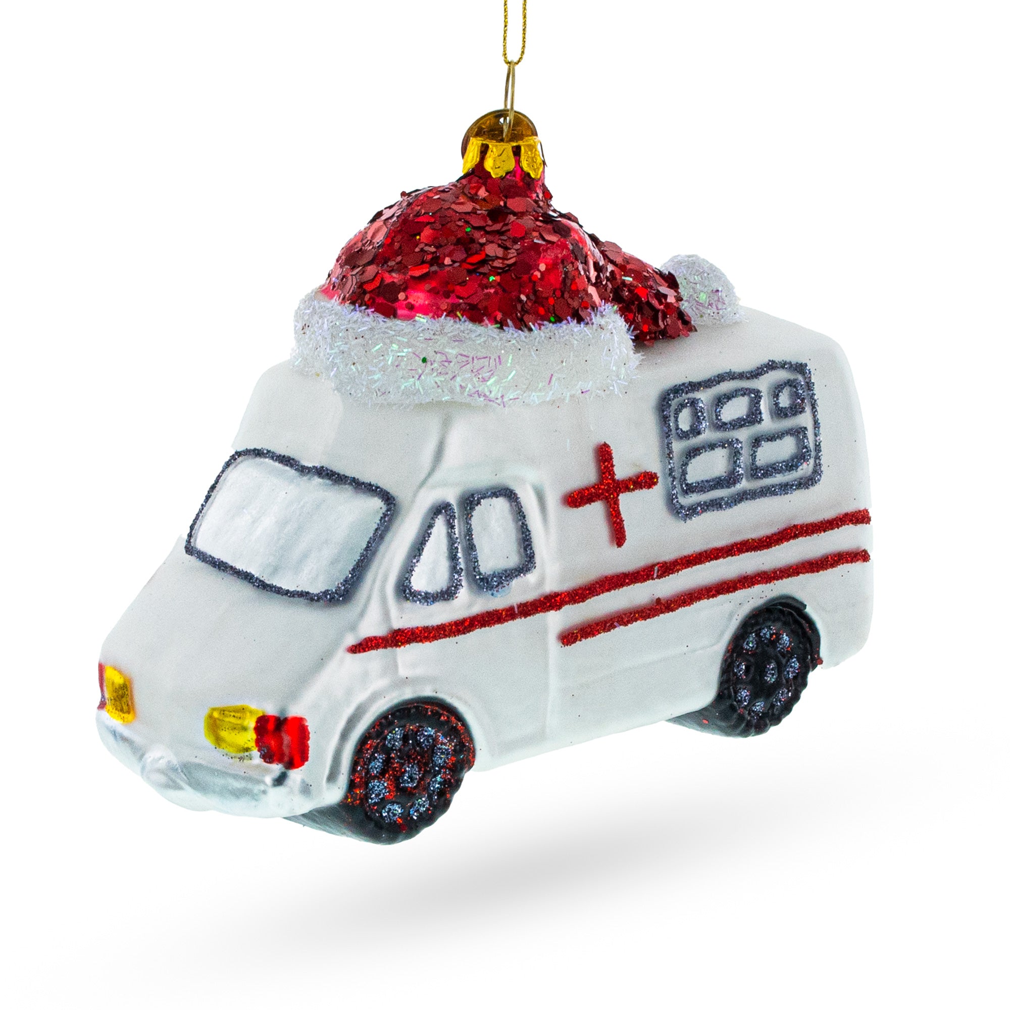 Ambulance in a Santa Hat Glass Christmas Ornament in White color Figurine