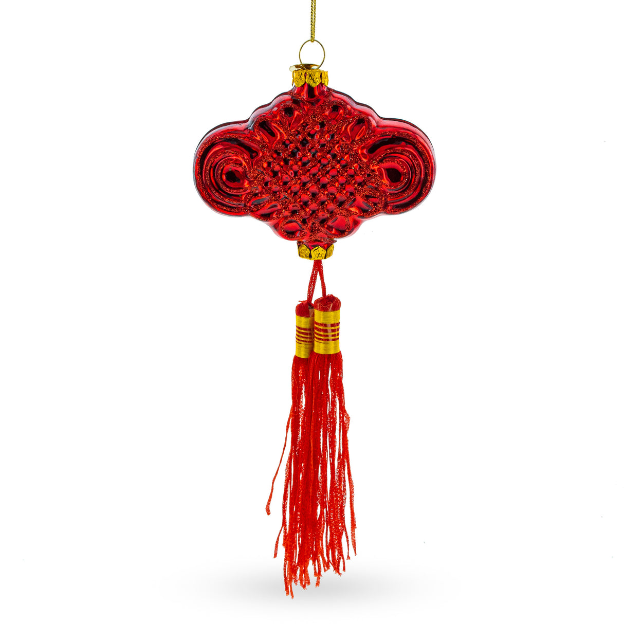 Elegant Chinese Knot Tassel New Year Decoration - Blown Glass Christmas Ornament in Red color,  shape