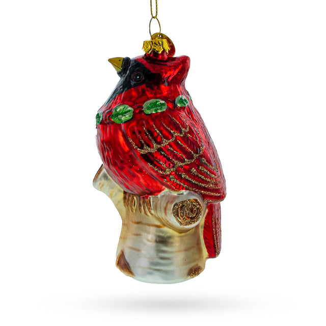 Shimmering Red Cardinal on a Tree Branch - Blown Glass Christmas Ornament in Red color,  shape