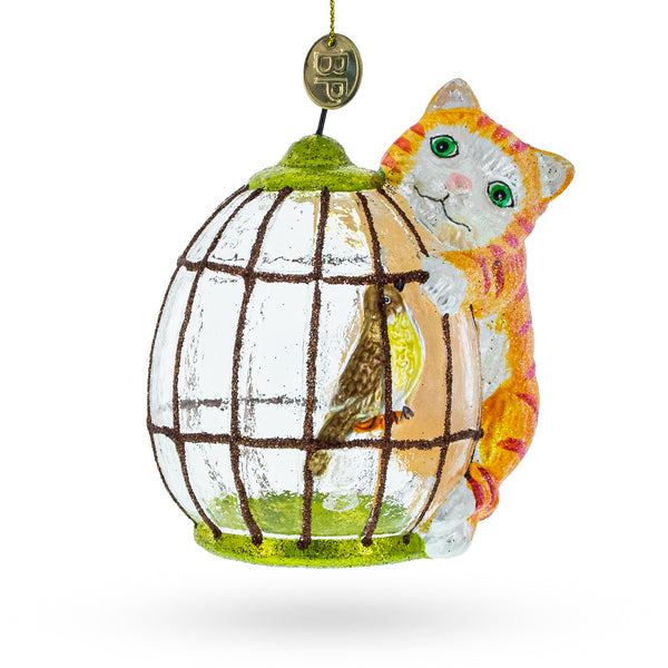 Whimsical Cat with a Bird Cage - Blown Glass Christmas Ornament in Multi color,  shape