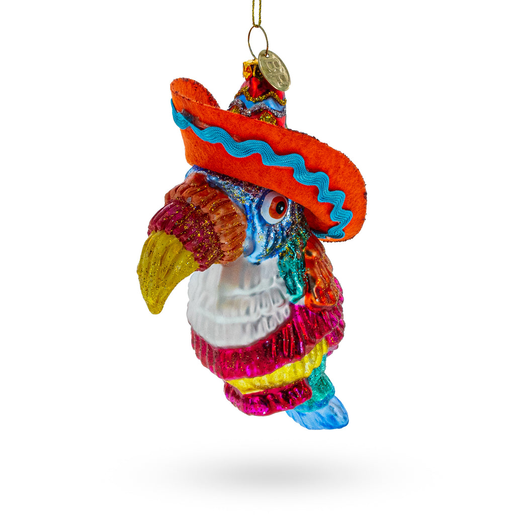 Tropical Toucan in a Sombrero Hat Glass Christmas Ornament in Orange color Figurine