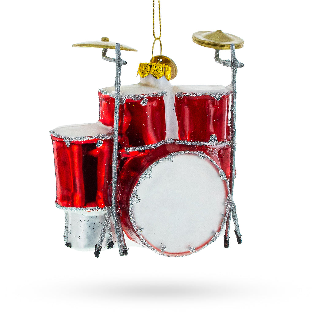Rocking' Red Drum Kit Glass Christmas Ornament in Red color Figurine