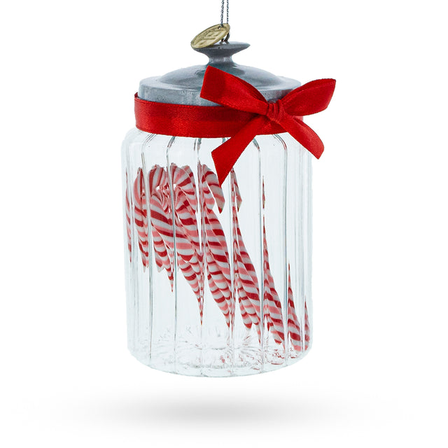 Glass Festive Candy Cane Jar - Blown Glass Christmas Ornament in Multi color