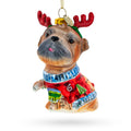 Pug Wearing Reindeer Antlers Glass Christmas Ornament in Red color Figurine