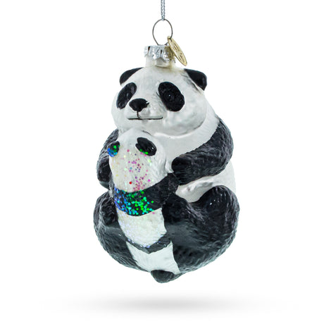 Mother and Baby Panda Embrace - Blown Glass Christmas Ornament in Multi color,  shape
