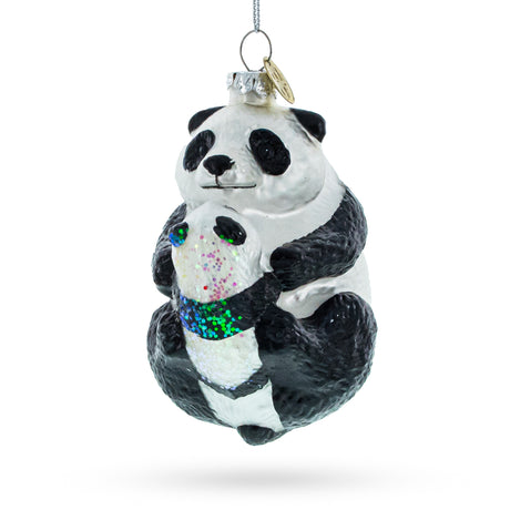 Mother and Baby Panda Embrace Blown Glass Christmas Ornament in Multi color