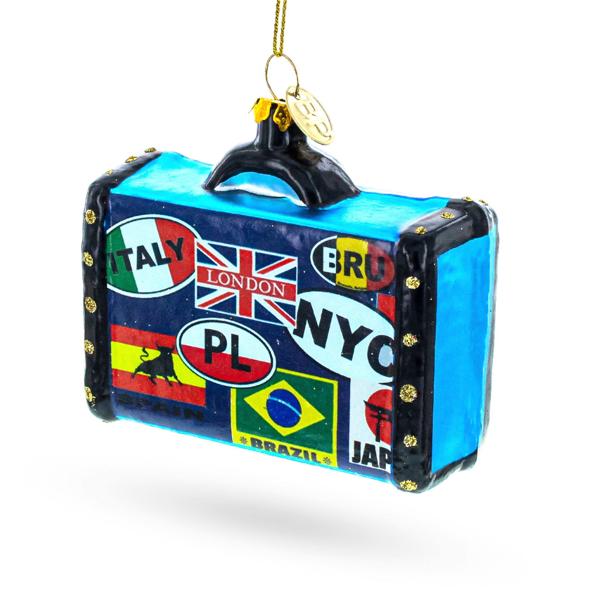 Retro Wanderlust Travel Suitcase Glass Christmas Ornament in Multi color Figurine