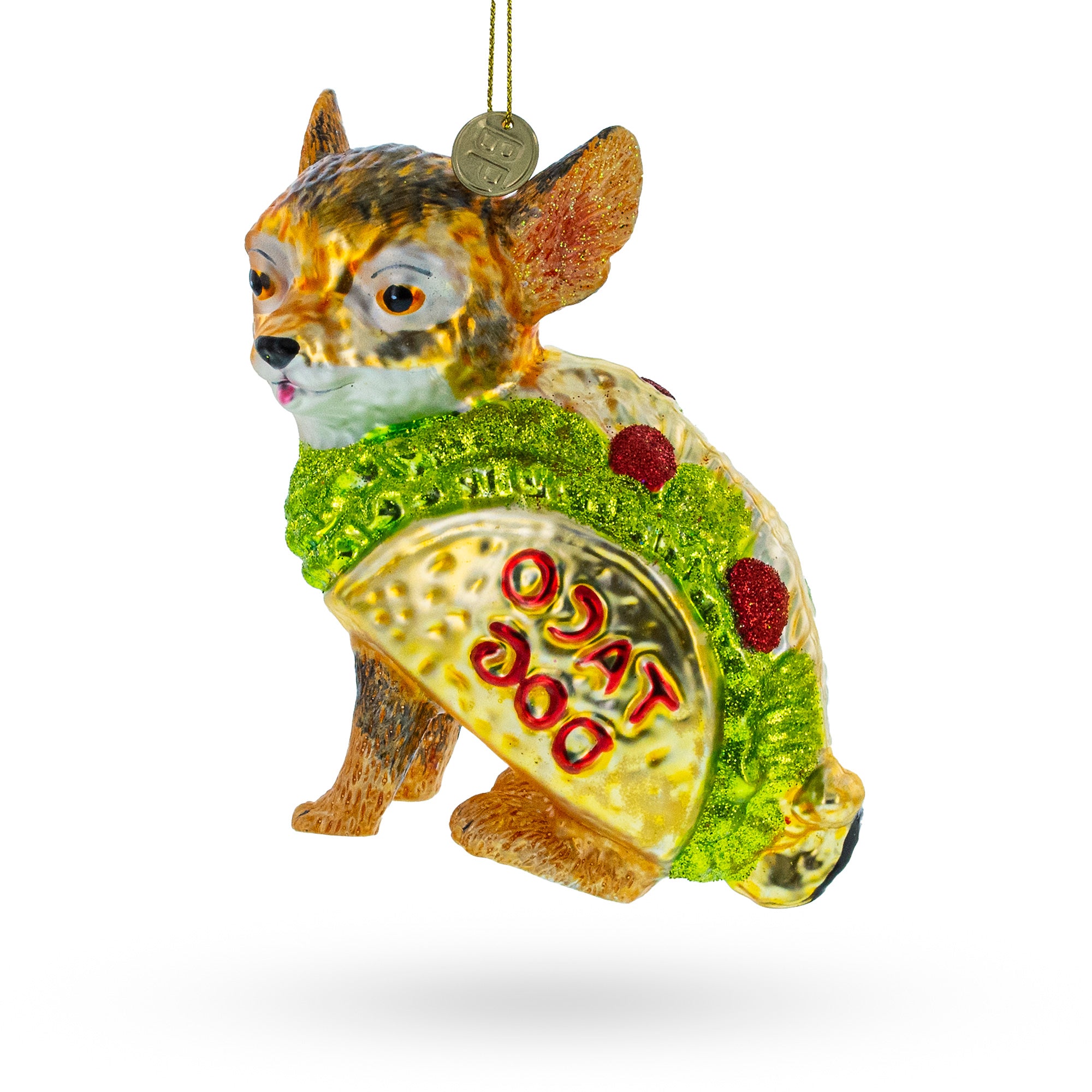 Chihuahua Taco Dog Glass Christmas Ornament in Brown color Figurine