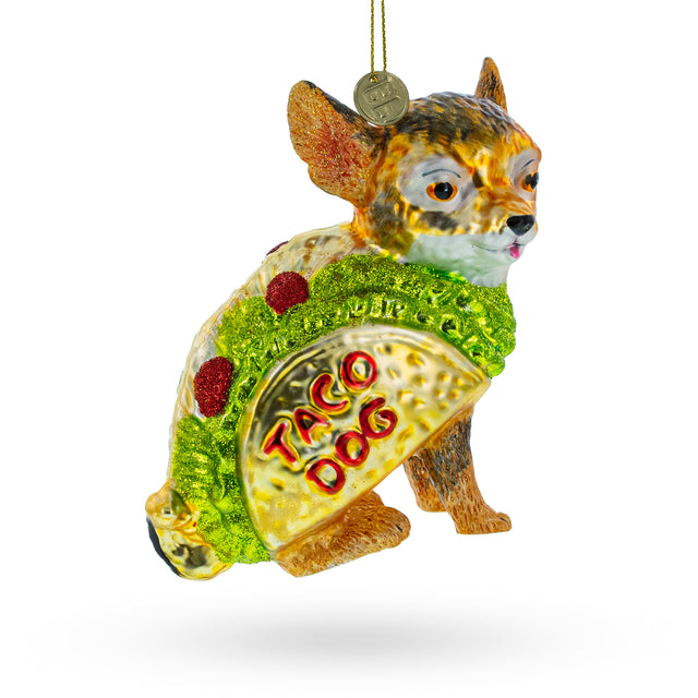 Fiesta Pup: Taco-Wearing Dog - Blown Glass Christmas Ornament in Multi color,  shape