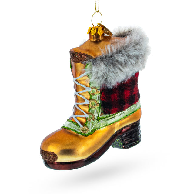 Glass Cozy Winter Wonderland: Furry Boot - Blown Glass Christmas Ornament in Multi color
