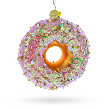 Pink Glazed Doughnut Blown Glass Christmas Ornament in Multi color Round