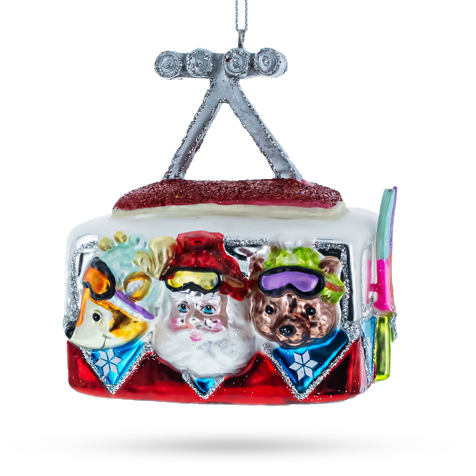 Gondola Ride with Santa, Fox, and Bear Glass Christmas Ornament in Red color Figurine