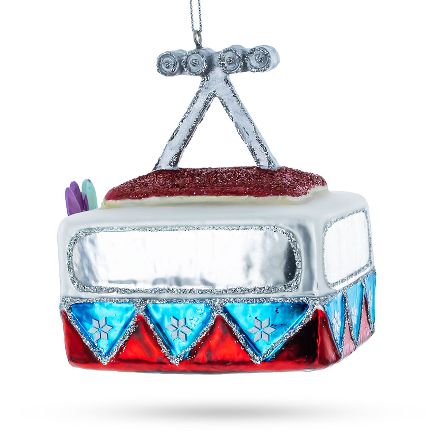 Santa and Friends in a Gondola Lift Glass Christmas Ornament , dimensions in inches: 3.9 x 3.4 x 3.2