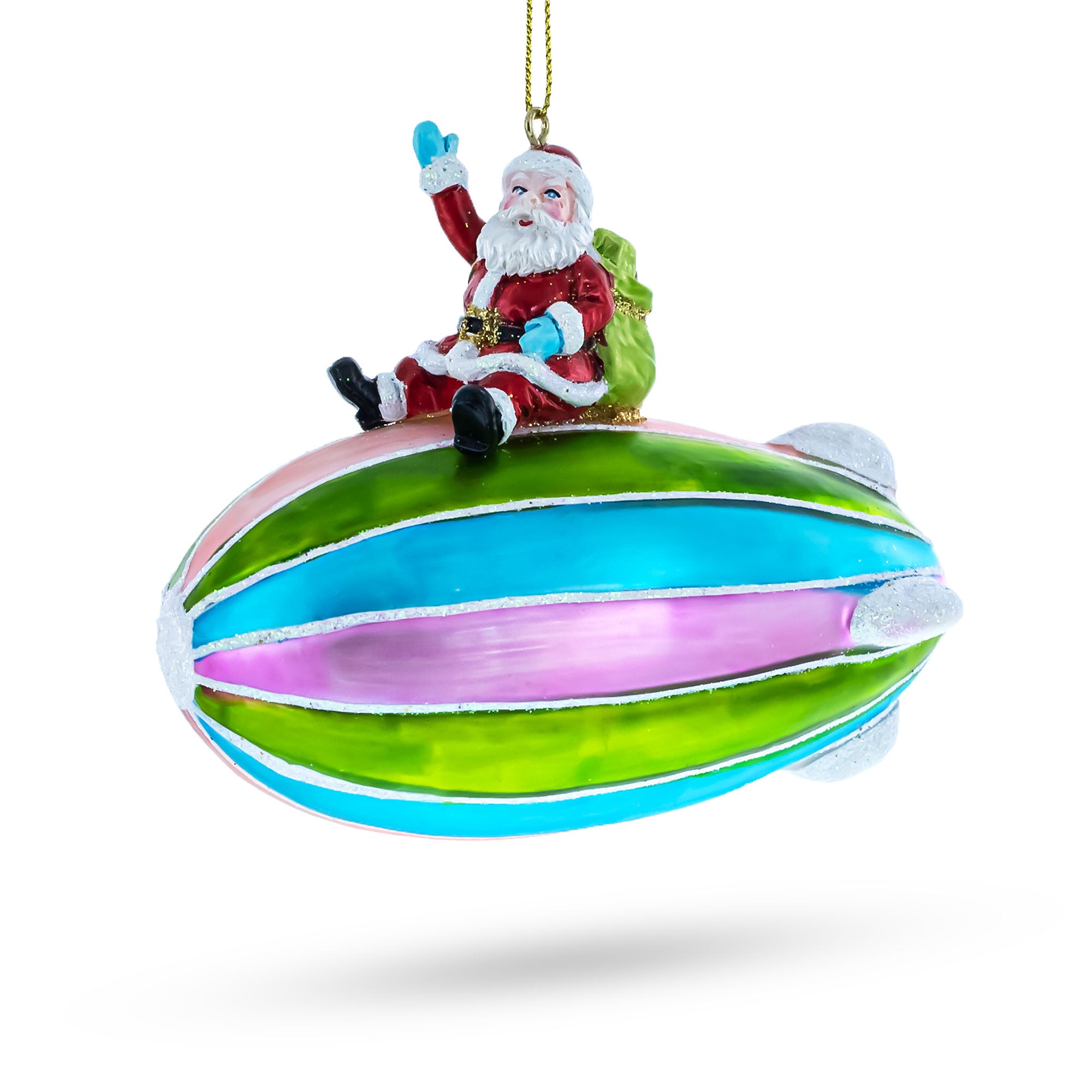 Santa Flying on Zeppelin Blimp Glass Christmas Ornament in Multi color Figurine