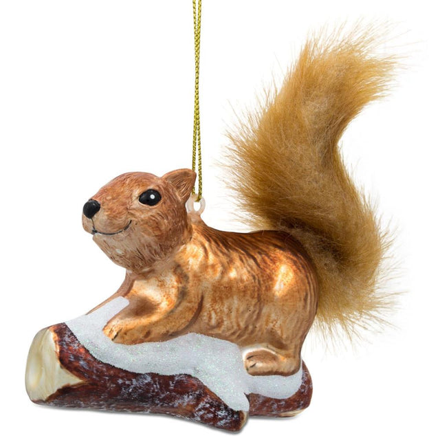 Glass Whimsical Squirrel on Snowy Branch - Blown Glass Christmas Ornament in Orange color