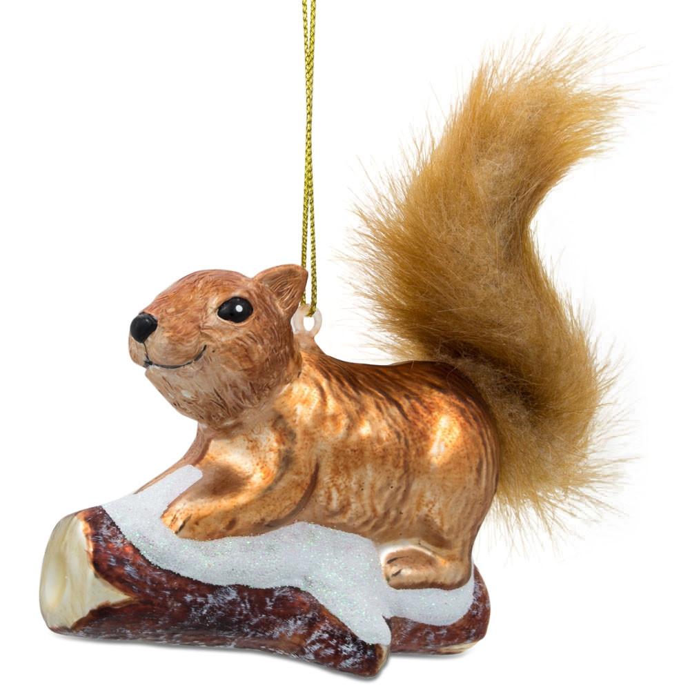 Squirrel on Snowy Branch Glass Christmas Ornament in Orange color Figurine