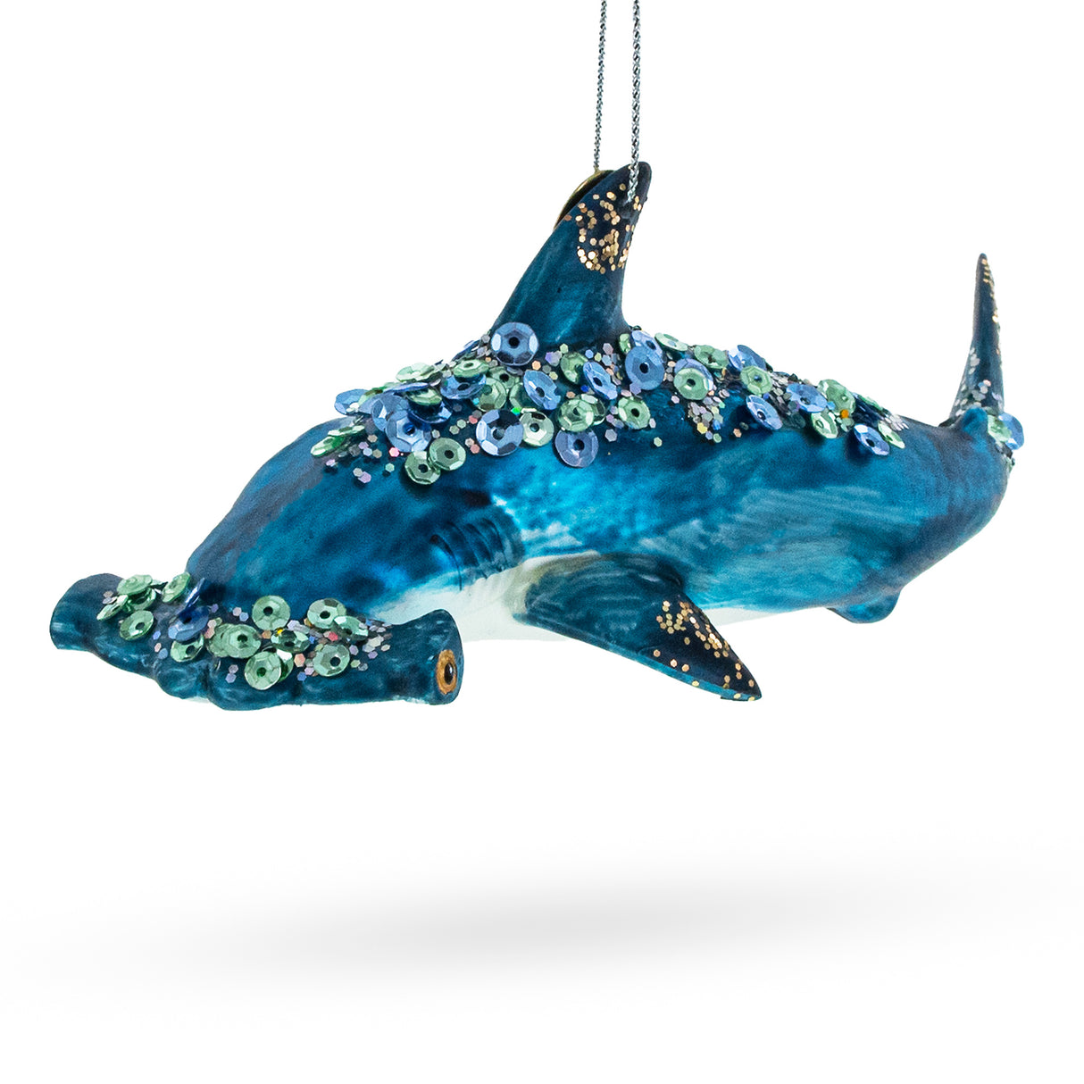 Ocean Stalker: Hammerhead Shark - Blown Glass Christmas Ornament in Blue color,  shape