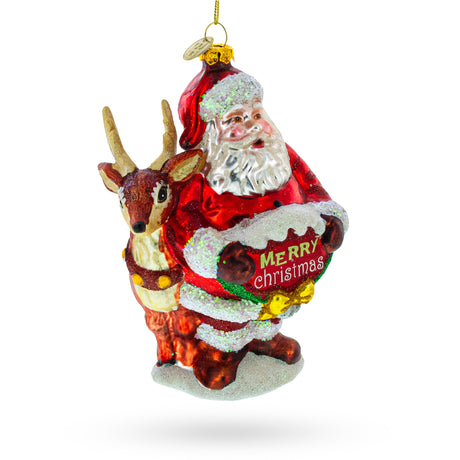 Santa's Sleigh Ride: Santa with Reindeer - Blown Glass Christmas Ornament in Red color,  shape