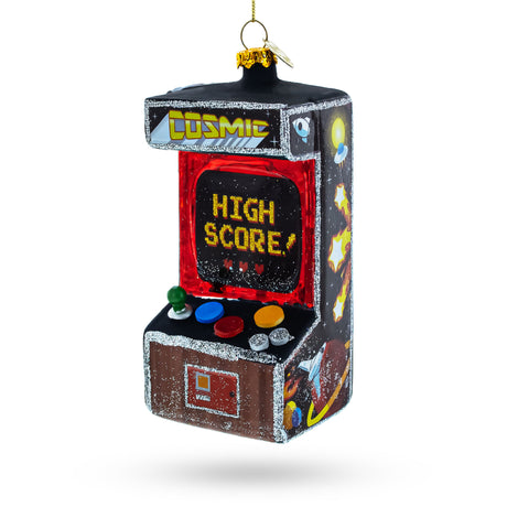 Glass Nostalgic Joystick Journeys: Arcade Game Machine - Blown Glass Christmas Ornament in Multi color