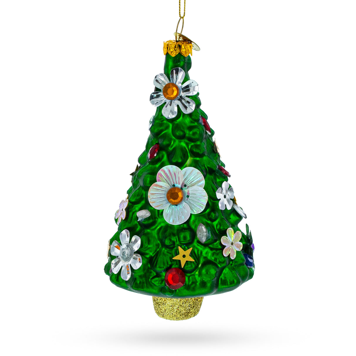 Floral Fiesta: Blossom-Adorned Christmas Tree - Blown Glass Ornament in Green color, Triangle shape