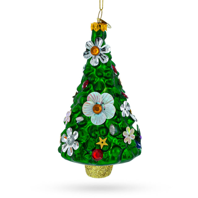 Glass Blossom-Adorned Christmas Tree Glass Ornament in Green color Triangle
