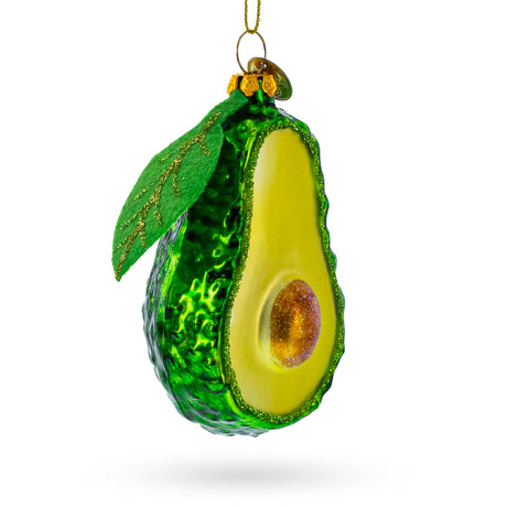 Nature's Butter: Avocado with Leaf - Blown Glass Christmas Ornament in Multi color,  shape