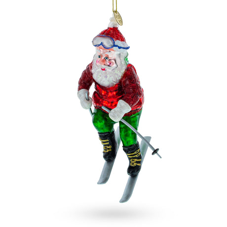 Santa on Skis Blown Glass Christmas Ornament in Multi color