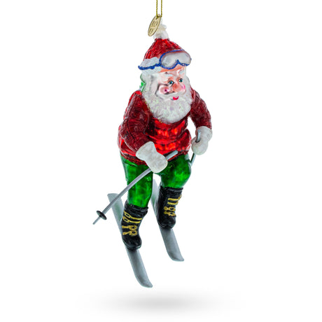 Glass Alpine Adventure: Santa on Skis - Blown Glass Christmas Ornament in Multi color