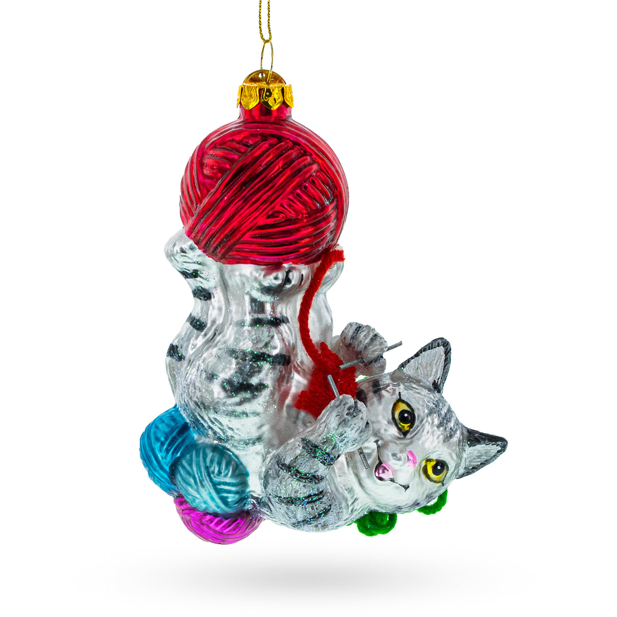 Glass Whimsical Kitten Tangled in Yarn Balls - Blown Glass Christmas Ornament in Multi color