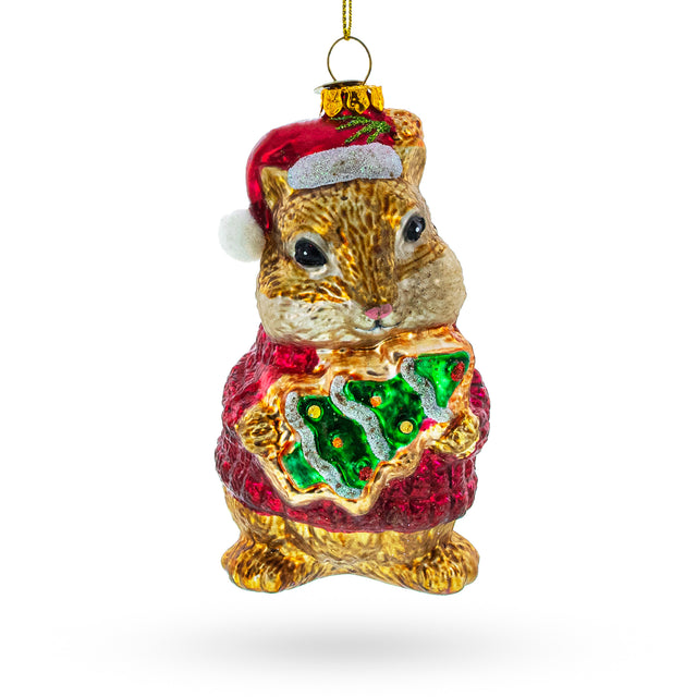 Chipmunk Adorning a Miniature Christmas Tree - Blown Glass Ornament in Multi color,  shape