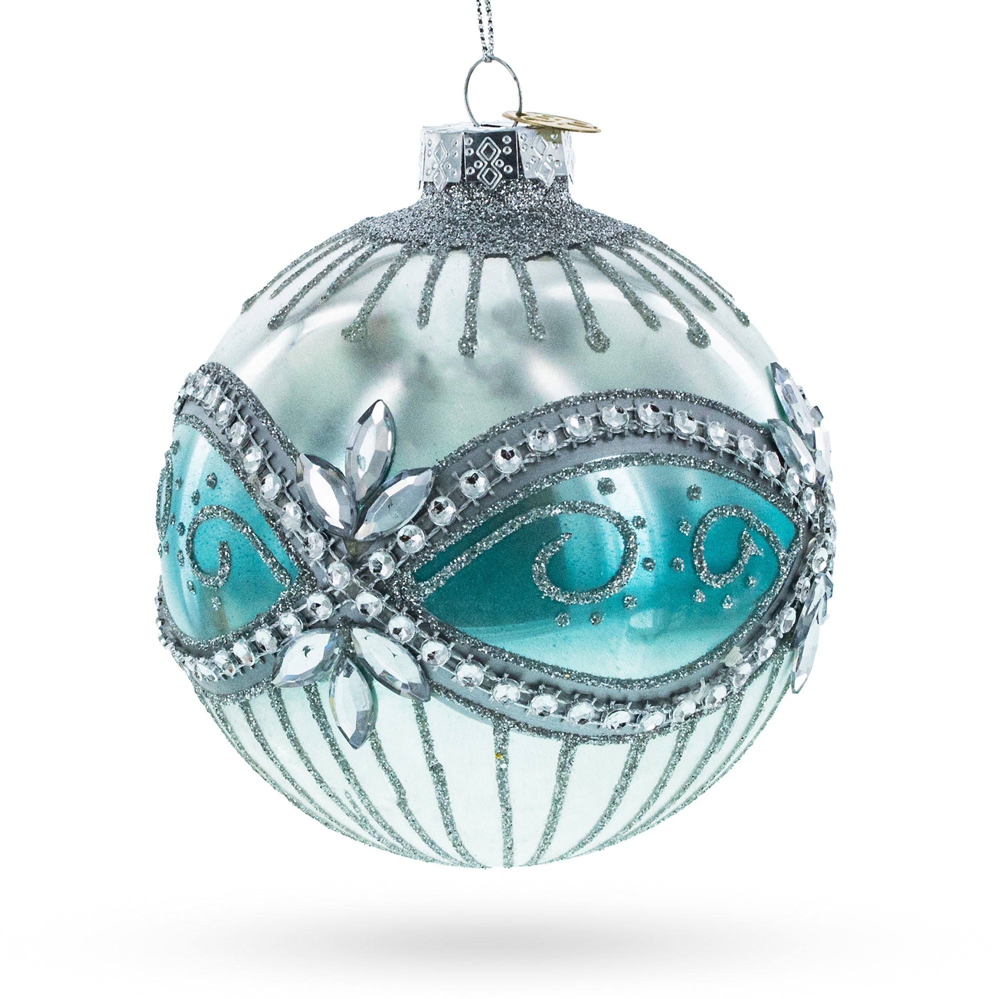 Elegant Silver and Blue Jeweled Glass Ball Christmas Ornament in Silver color Round