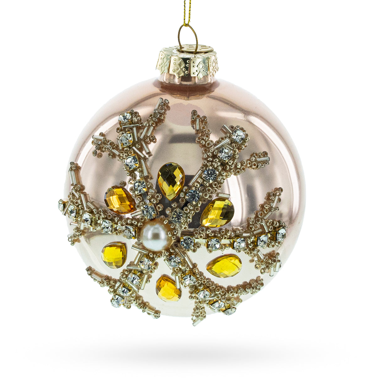 Exquisite Rose Gold and Yellow Bejeweled - Blown Glass Egg Christmas Ornament in Multi color, Round shape