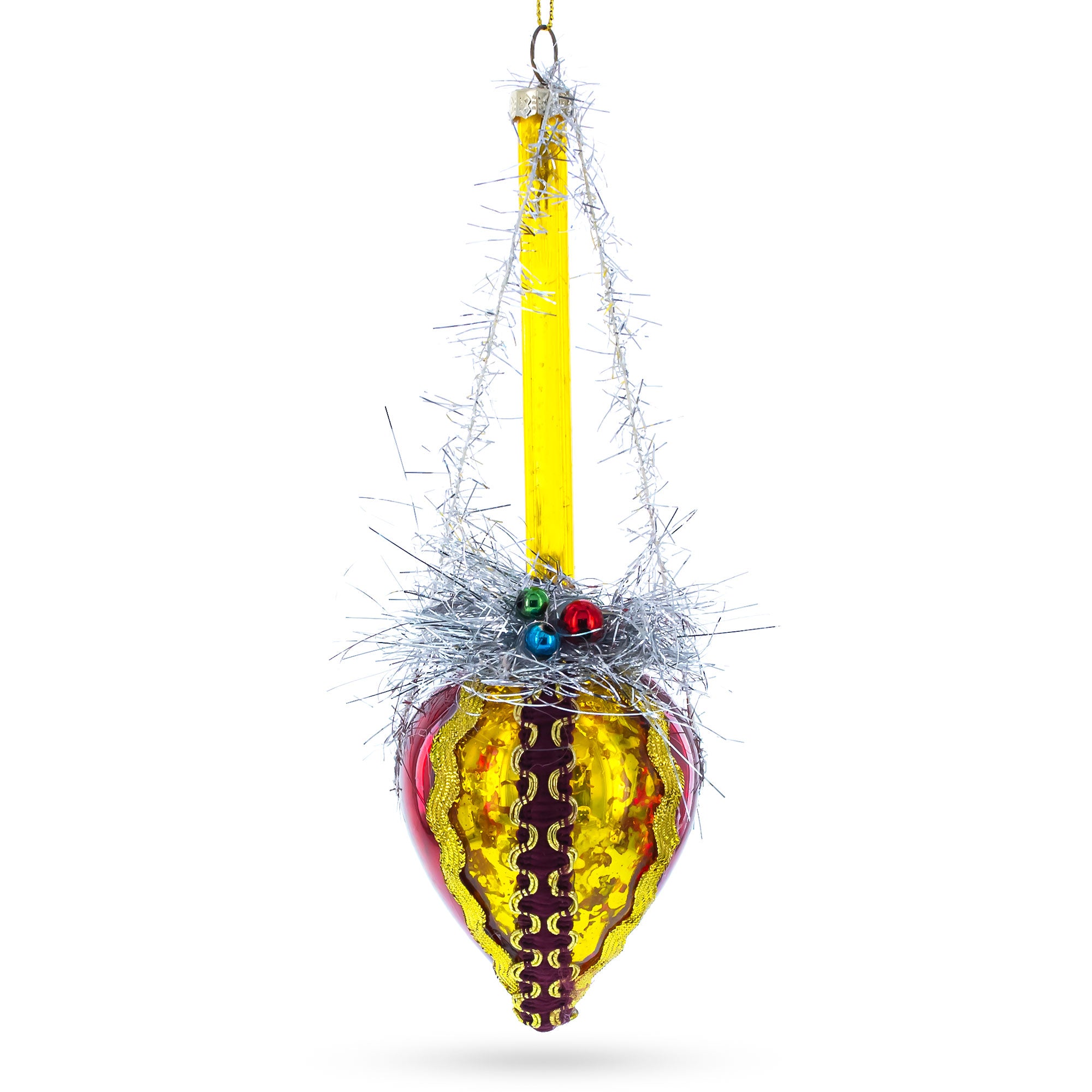 Vintage-Style Tinsel and Bells Drop Glass Christmas Ornament in Yellow color Figurine