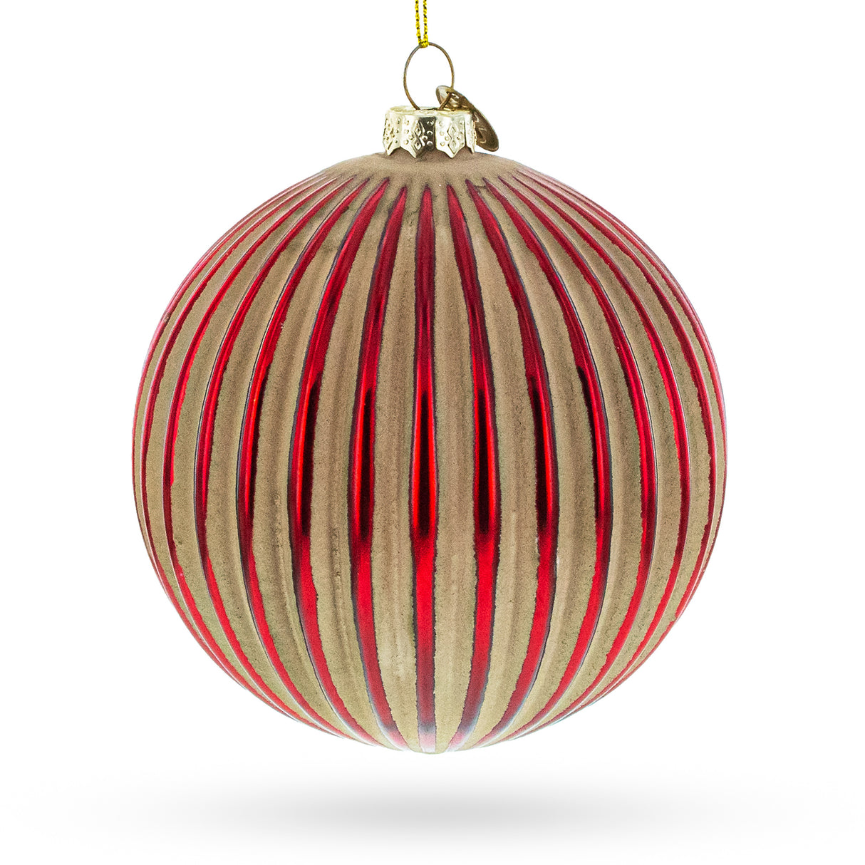 Elegant Red and Radiant Gold Ribbed - Blown Glass Christmas Ornament in Red color, Round shape