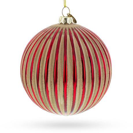 Elegant Red and Radiant Gold Ribbed - Blown Glass Christmas Ornament in Red color, Round shape