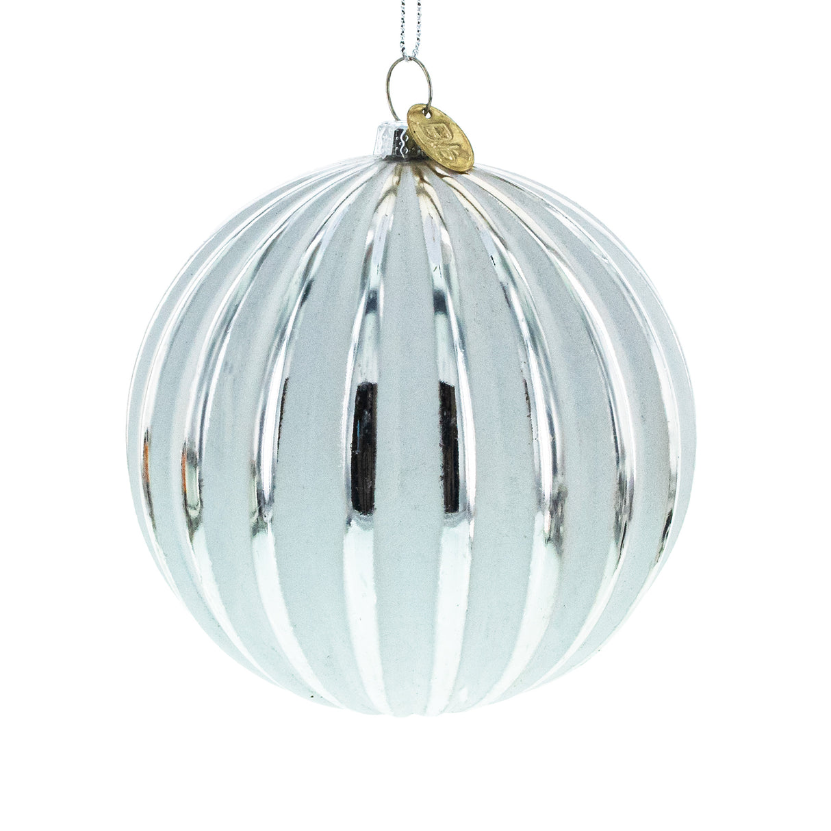 Gleaming Silver Ribbed - Blown Glass Christmas Ornament in White color, Round shape