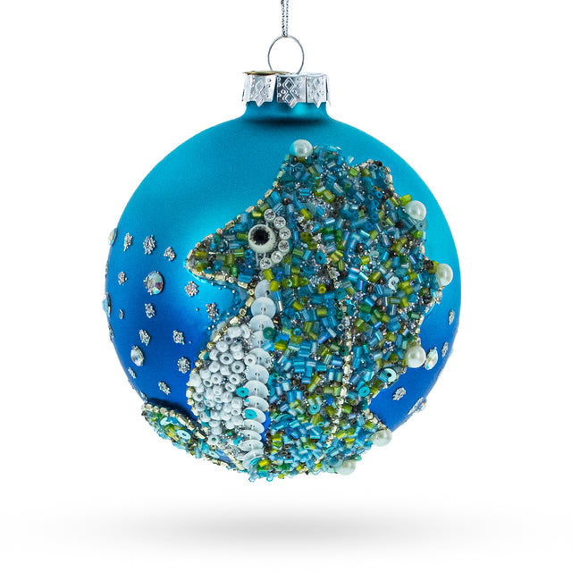 Elegant Beaded Seahorse - Blown Glass Christmas Ornament in Blue color, Round shape