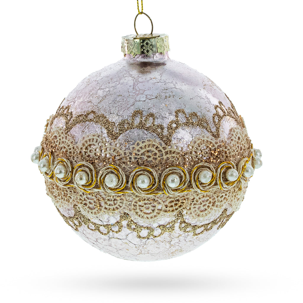 Lace-Adorned Pink Glass Egg Christmas Ornament in Purple color Round