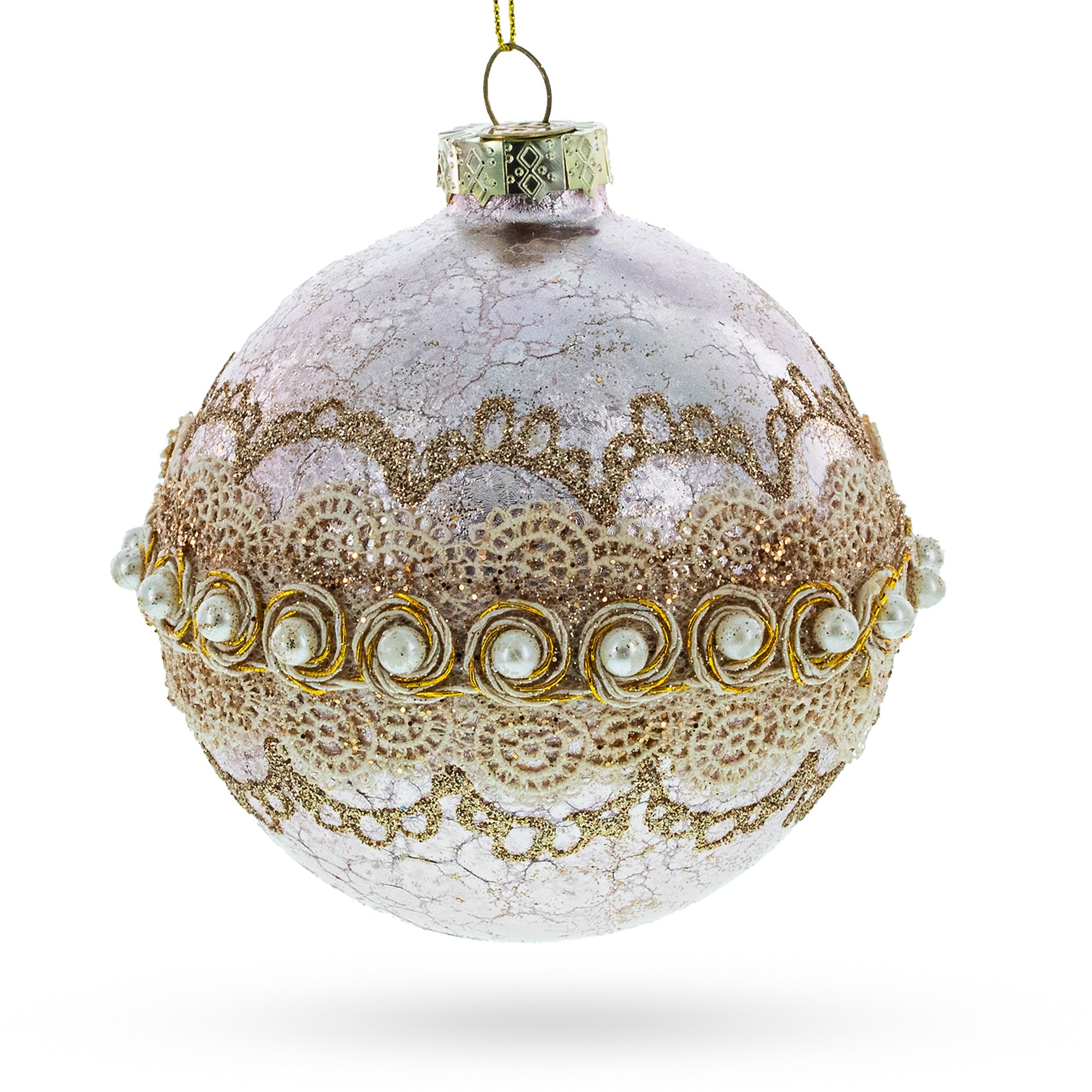 Lace-Adorned Pink Glass Egg Christmas Ornament in Purple color Round