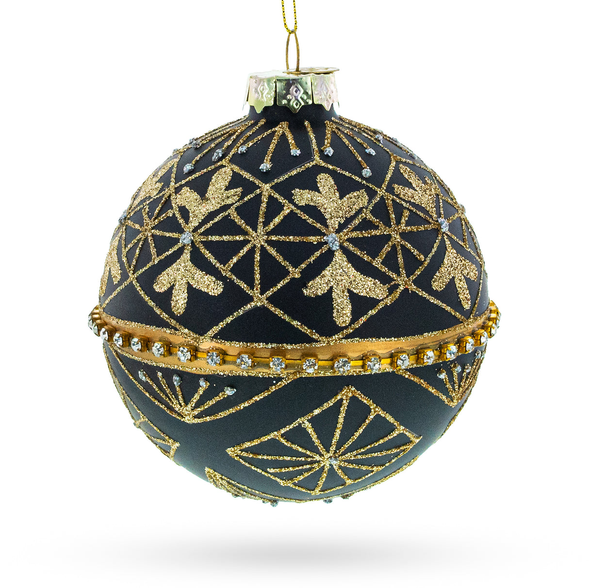 Striped Black with Diamond Accents - Blown Glass Christmas Ornament in Black color, Round shape