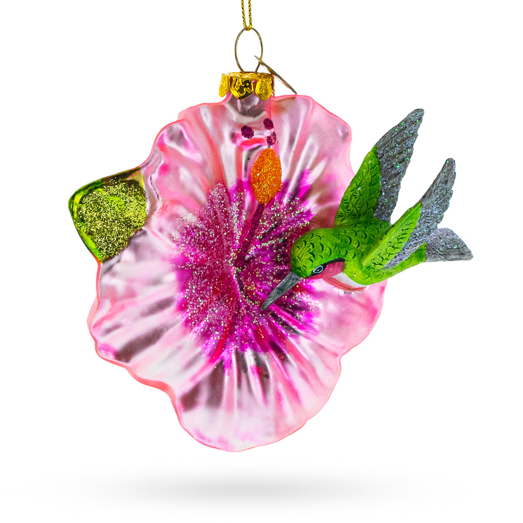 Glass Vibrant Hummingbird with Hibiscus - Blown Glass Christmas Ornament in Multi color
