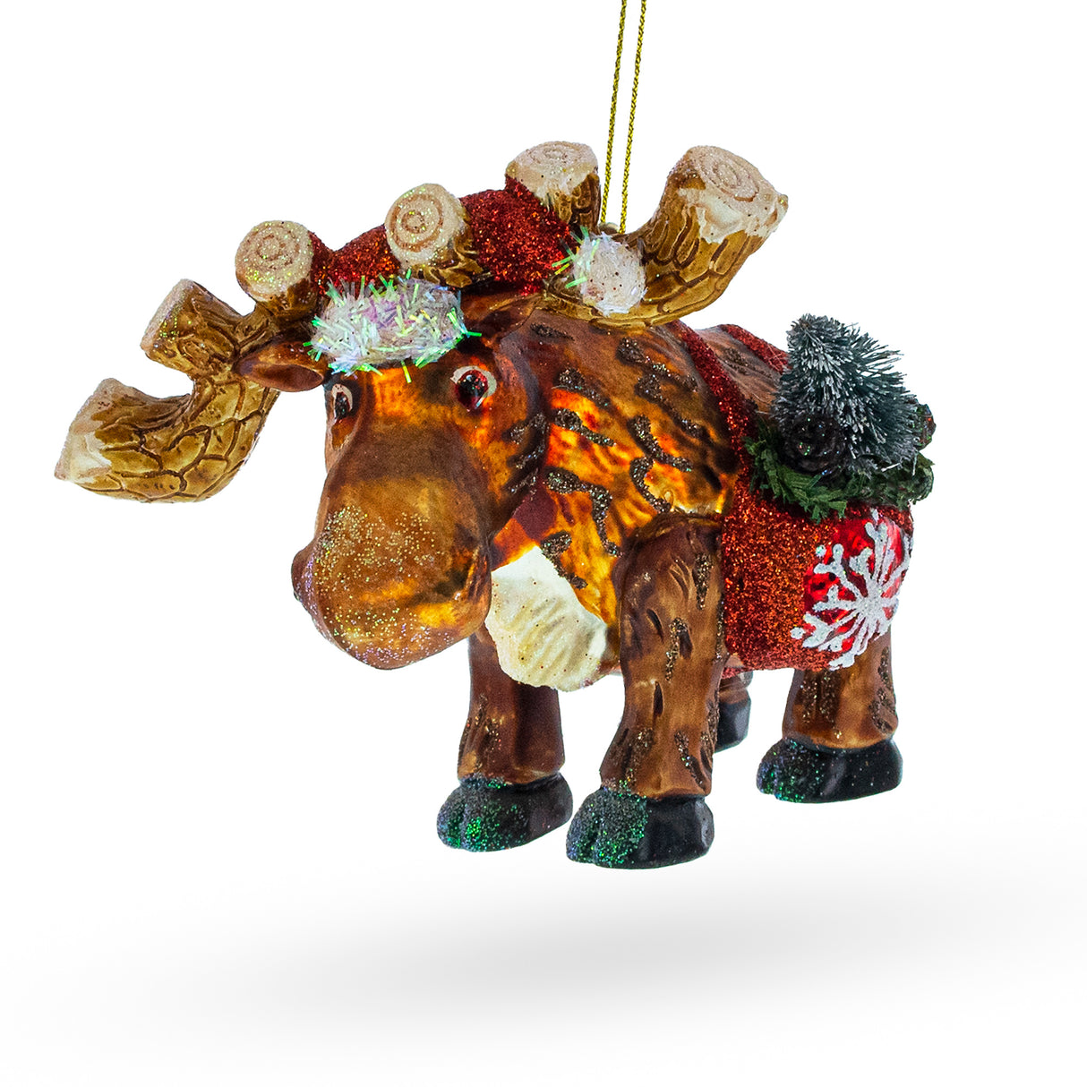 Festive Moose with Twinkling Lights - Blown Glass Christmas Ornament in Multi color,  shape