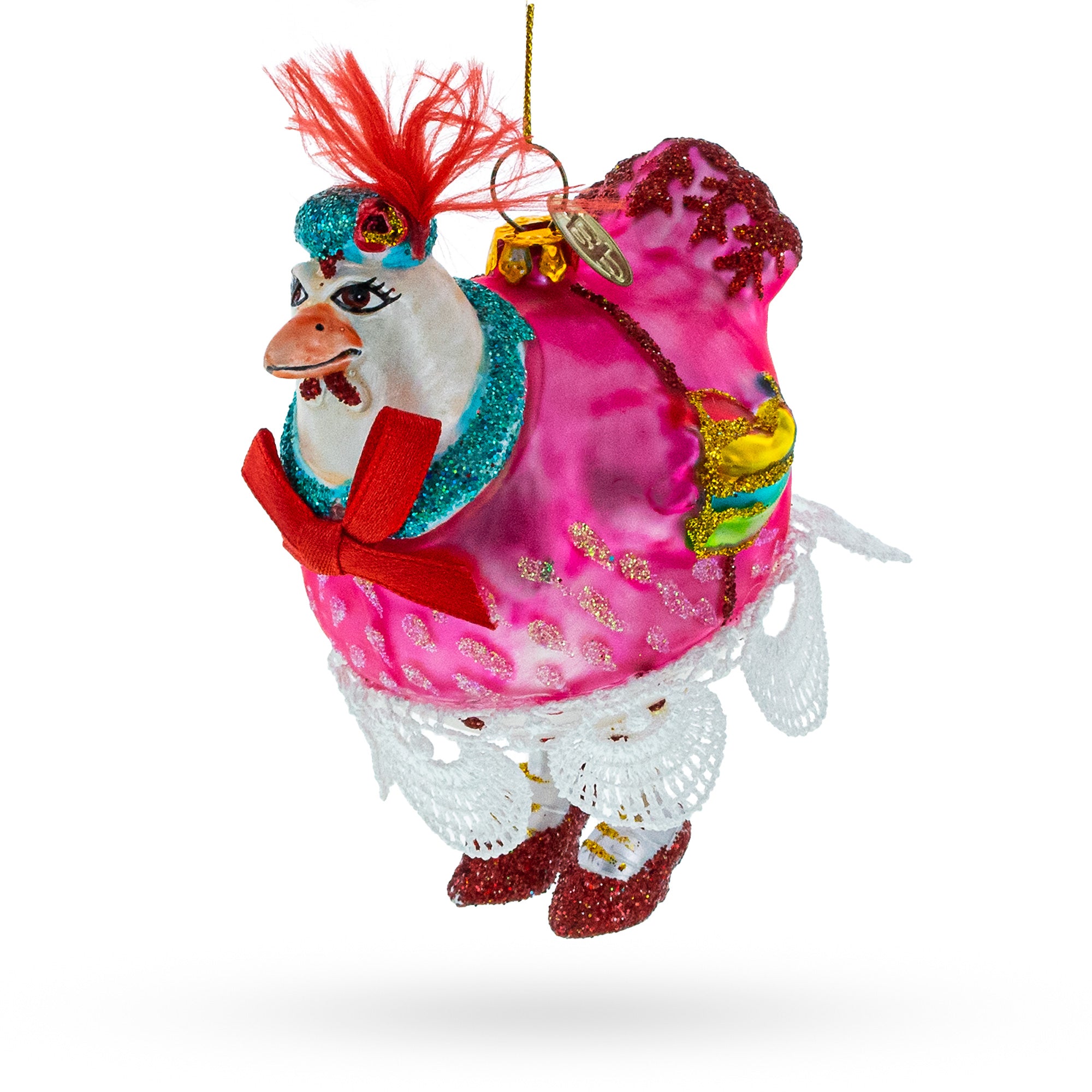 Hen in Dress Glass Christmas Ornament in Pink color Figurine