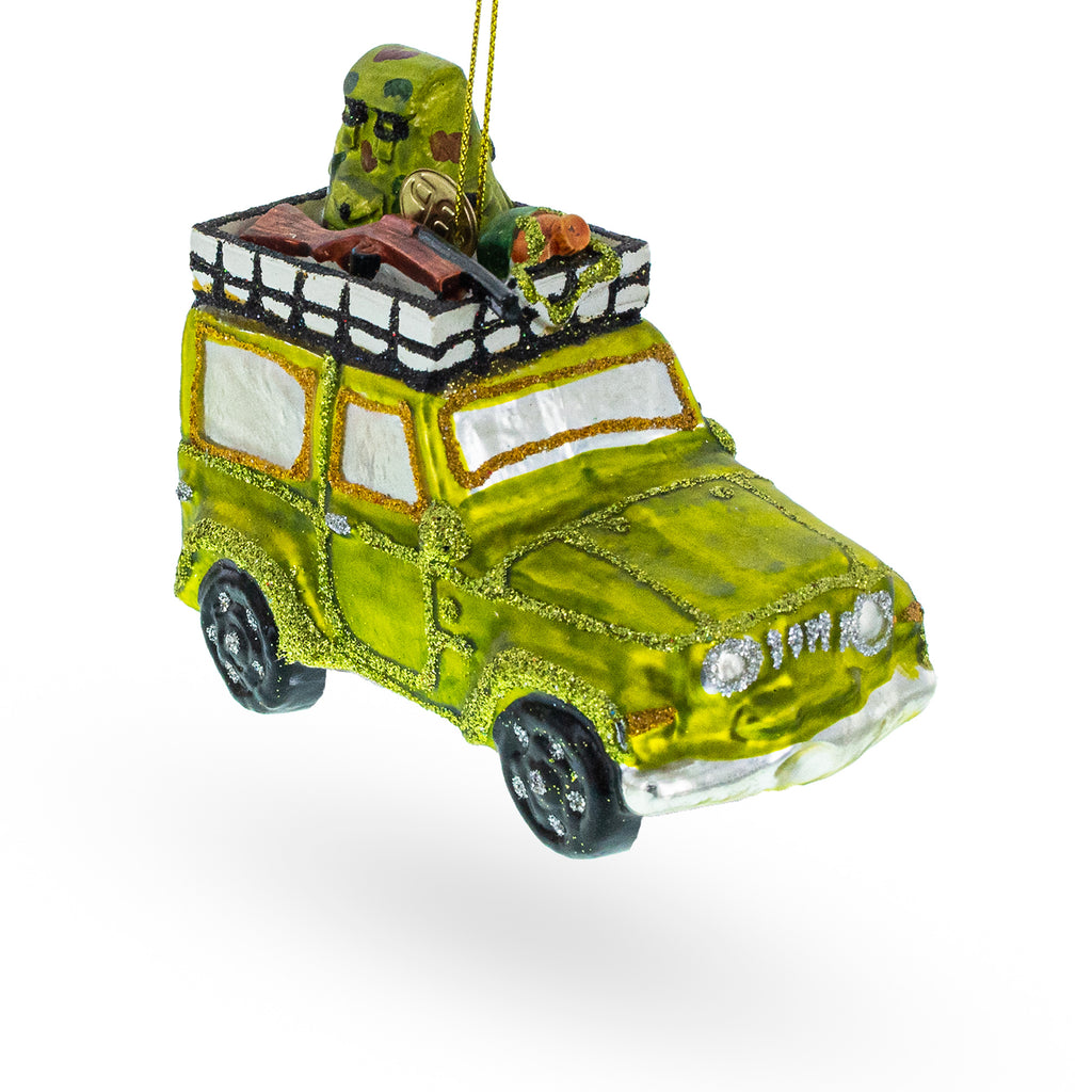 Glass Camouflaged Hunter in a Car - Blown Glass Christmas Ornament in Green color