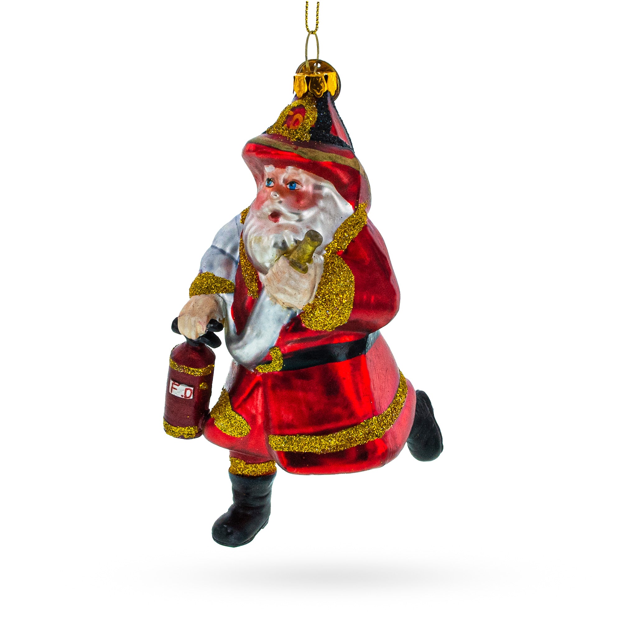 Firefighter Santa with Extinguisher Glass Christmas Ornament in Red color Figurine