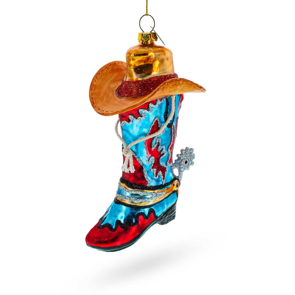 Western Cowboy Boot with a Hat Blown - Glass Christmas Ornament in Multi color,  shape