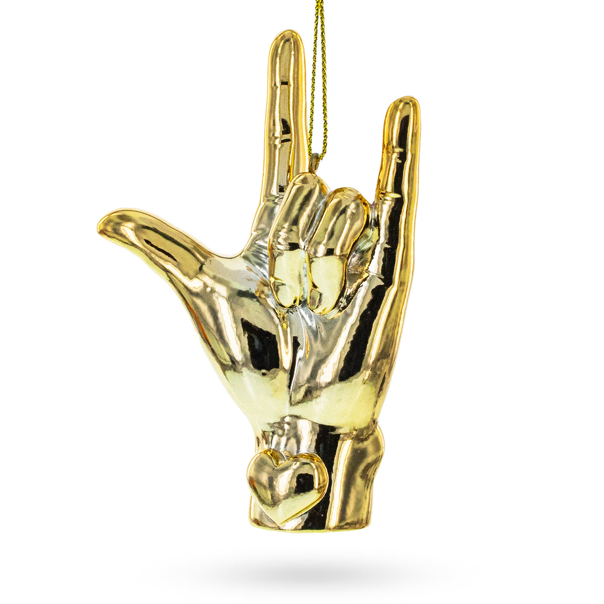 Golden Sign Language "I Love You" - Blown Glass Christmas Ornament in Gold color,  shape