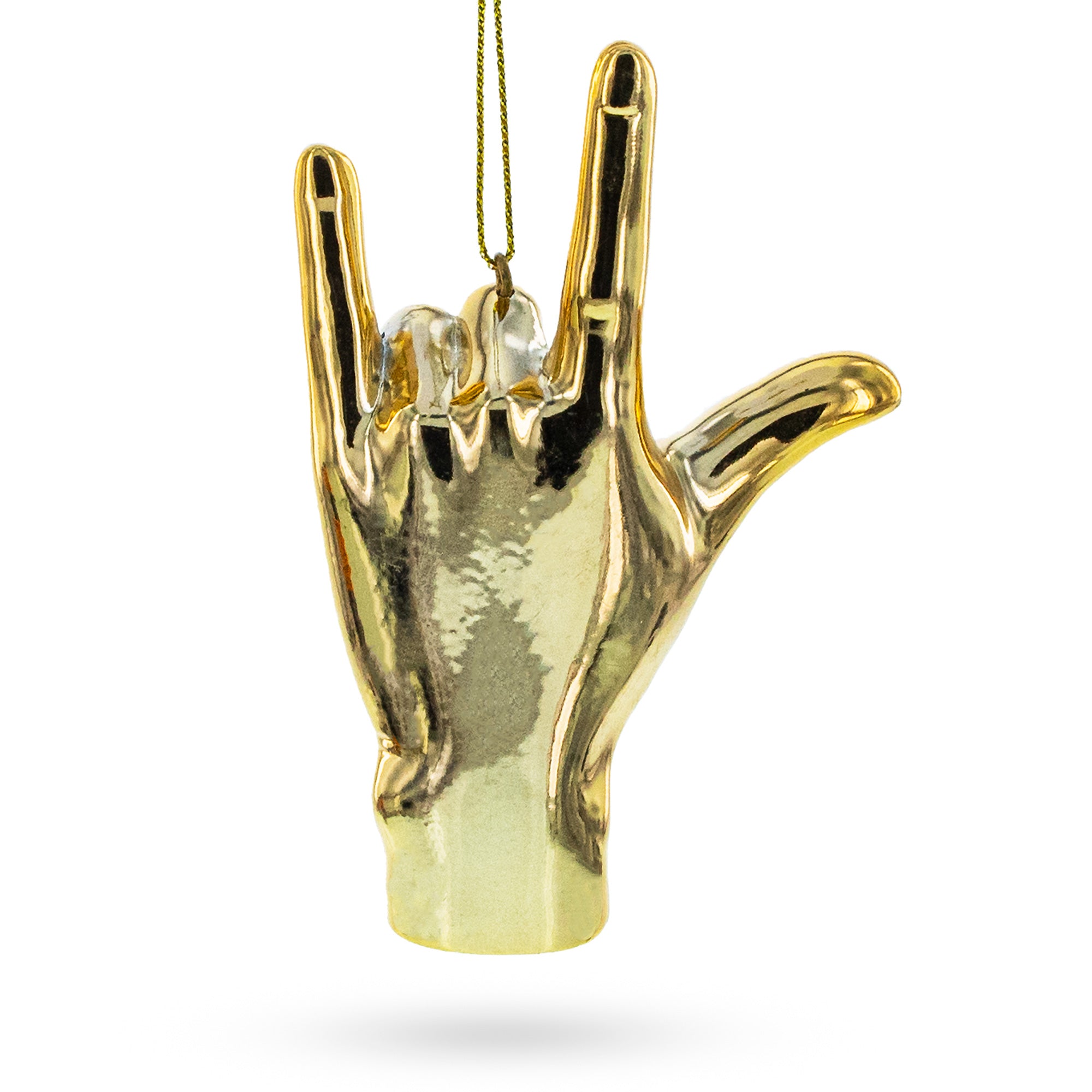 Golden Sign Language "I Love You" Glass Christmas Ornament in Gold color Figurine