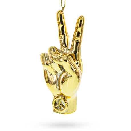 Glass Golden Peace Hand Sign - Blown Glass Christmas Ornament in Gold color